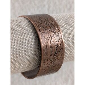 Wide Copper Cuff Bracelet Floral Etched Engraved Boho Adjustable